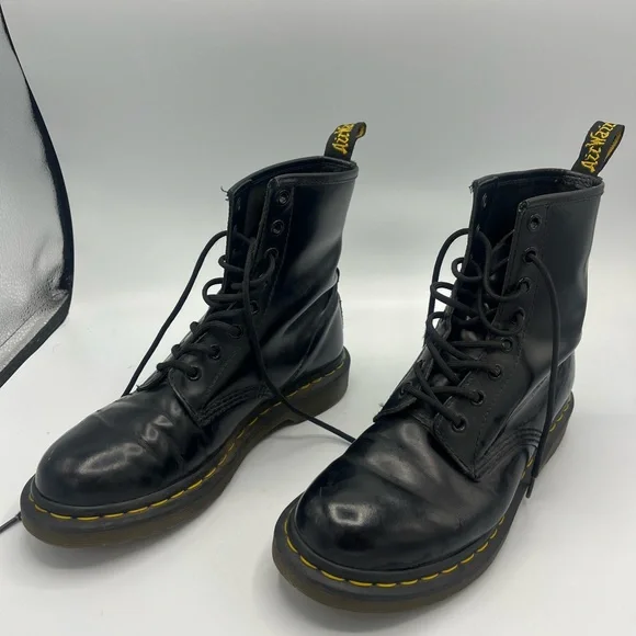 Dr. Martens Black Leather Boots with Yellow Stitching - Picture 2 of 8